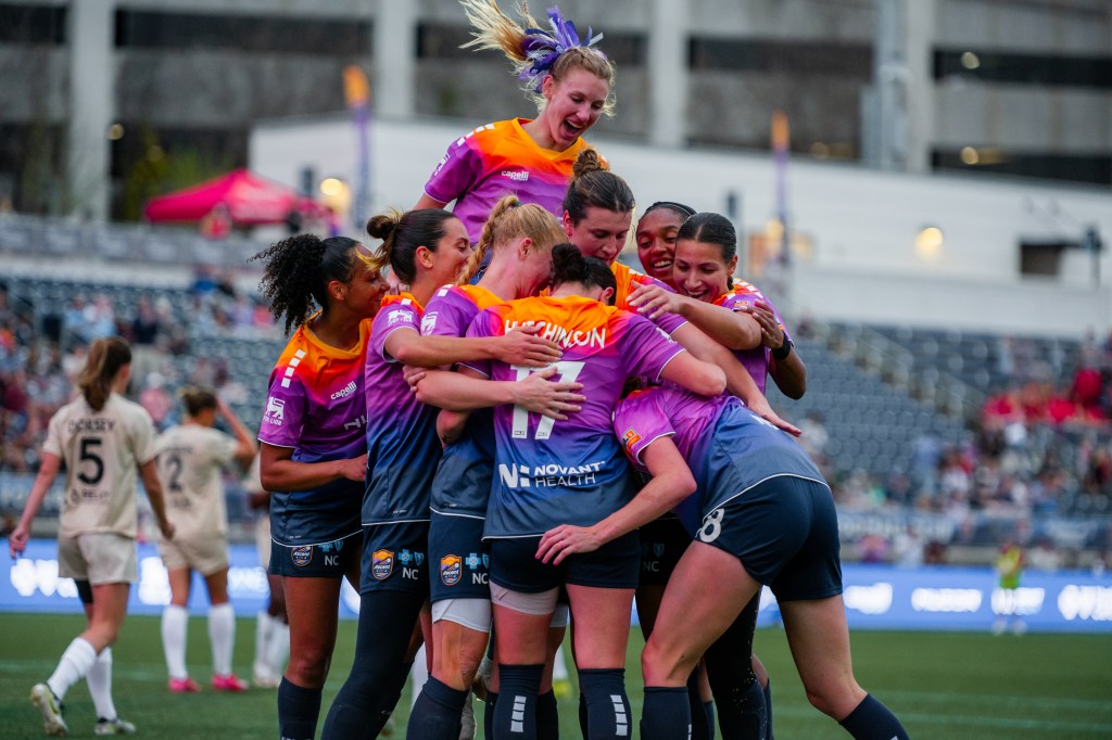Carolina Ascent celebrate their first goal against Dallas Trinity FC